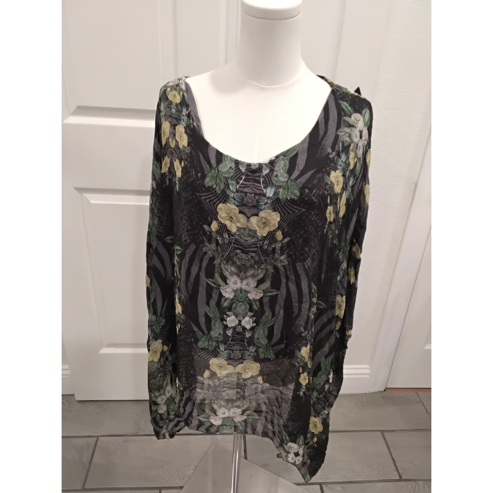 Made in Italy Silk Blend Floral Animal‎ Print Poncho Top Gray Yellow Medium